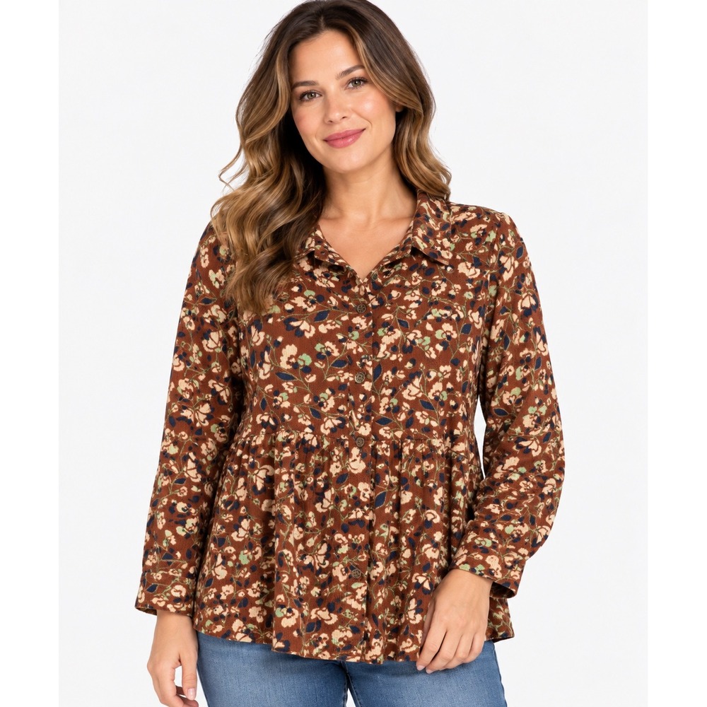 Umgee USA Brown Floral Corduroy Button Down Top Babydoll Peplum Shirt Medium NWT